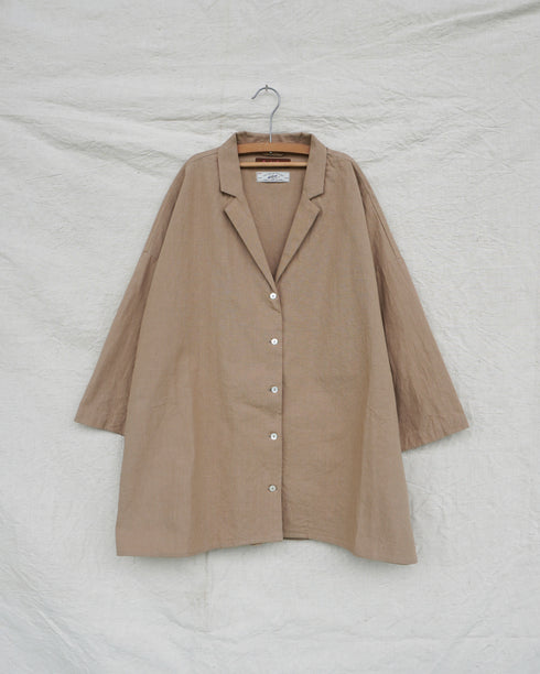 Linen Cotton Open Collar Shirt / Beige・Navy