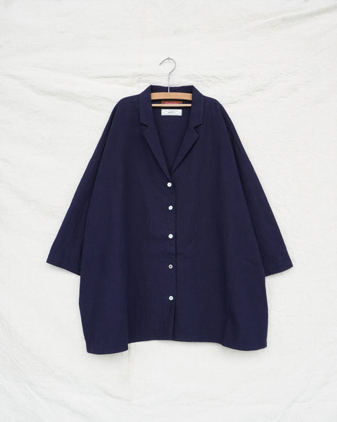 Linen Cotton Open Collar Shirt / Beige・Navy