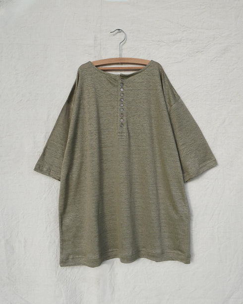 Linen 2way Henley Tee / Khaki・Black