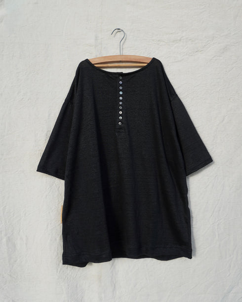 Linen 2way Henley Tee / Khaki・Black