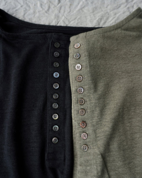 Linen 2way Henley Tee / Khaki・Black