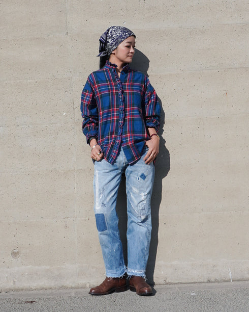 〈予約〉INDIGO Tartan Frill Tuck Blouse / Red・Blue