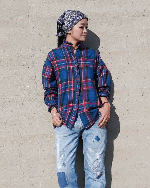 〈予約〉INDIGO Tartan Frill Tuck Blouse / Red・Blue