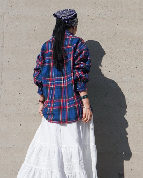 〈予約〉INDIGO Tartan Frill Tuck Blouse / Red・Blue