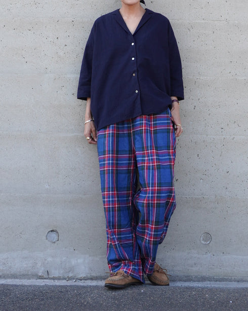 Linen Cotton Open Collar Shirt / Beige・Navy