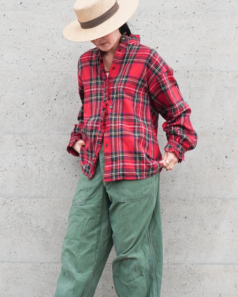 〈予約〉INDIGO Tartan Frill Tuck Blouse / Red・Blue