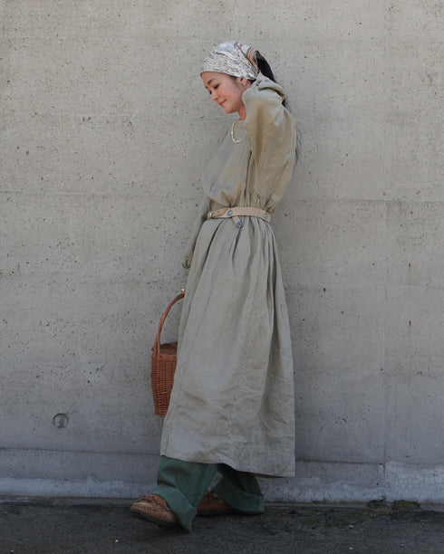 Linen Gather Dress / Khakibeige・Frenchblue