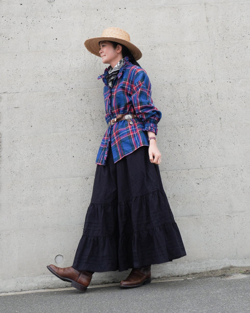 〈予約〉INDIGO Tartan Frill Tuck Blouse / Red・Blue