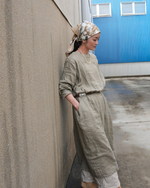 Linen Gather Dress / Khakibeige・Frenchblue