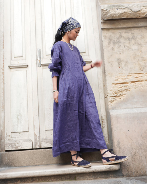 Linen Gather Dress / Khakibeige・Frenchblue
