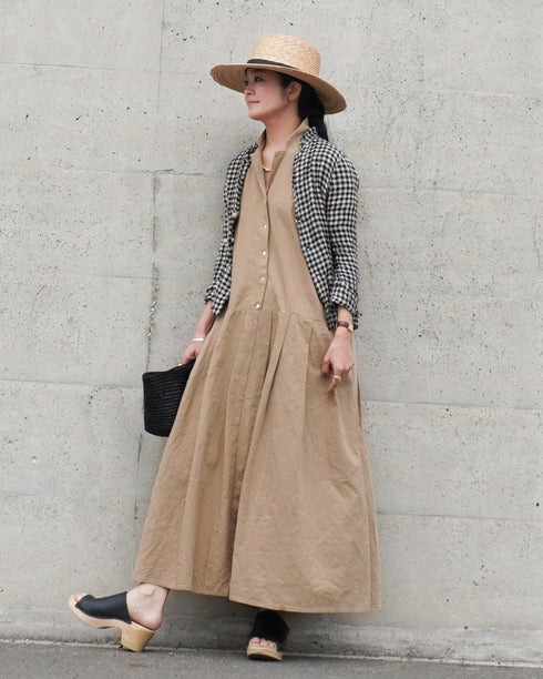 Linen Cotton Open Collar Dress / Beige・Navy