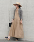 Linen Cotton Open Collar Dress / Beige・Navy