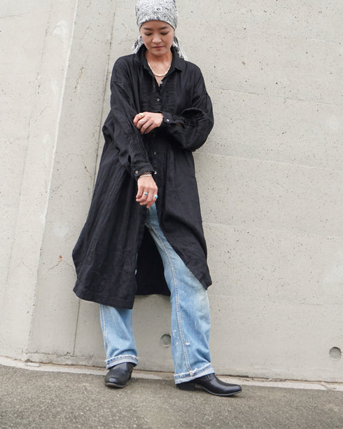 Linen Tuck Shirt Dress / White・Black