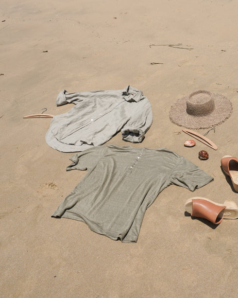 Linen 2way Henley Tee / Khaki・Black