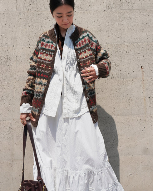 Jacquard Shetland Wool Knit Cardigan / Brown