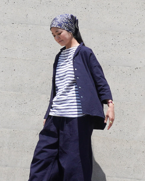 Linen Cotton Open Collar Shirt / Beige・Navy
