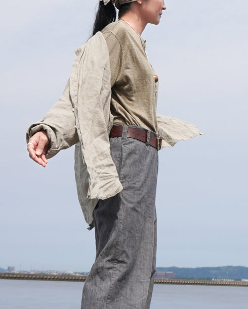 Linen 2way Henley Tee / Khaki・Black