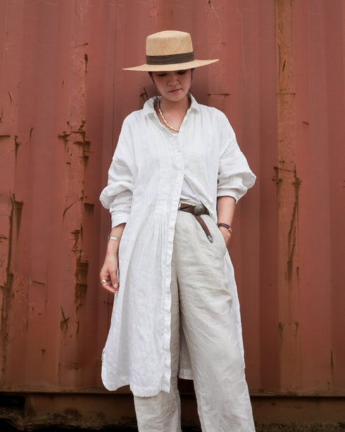 Linen Tuck Shirt Dress / White・Black