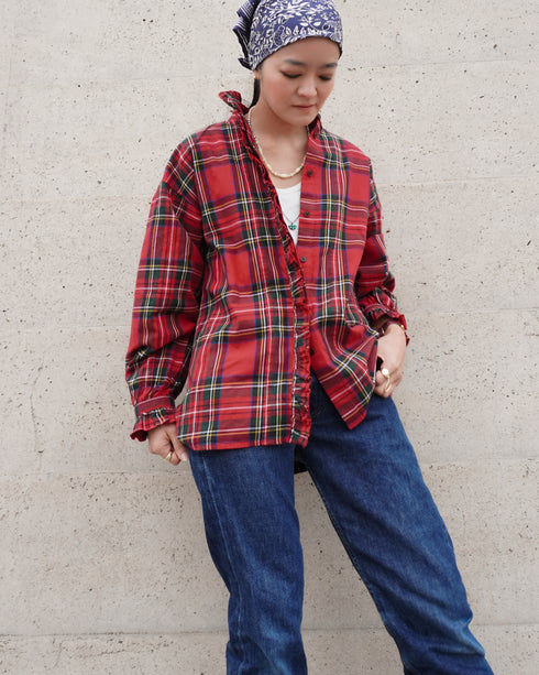 〈予約〉INDIGO Tartan Frill Tuck Blouse / Red・Blue