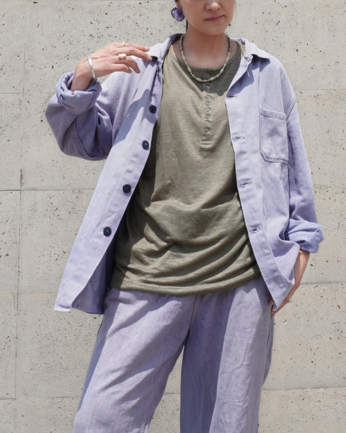 Linen 2way Henley Tee / Khaki・Black