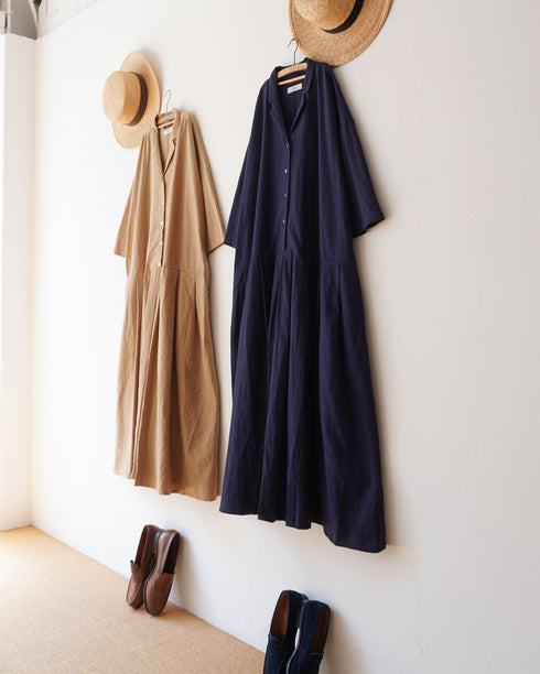 Linen Cotton Open Collar Dress / Beige・Navy