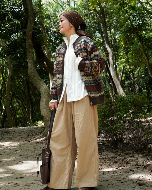 Jacquard Shetland Wool Knit Cardigan / Brown