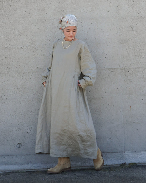 Linen Gather Dress / Khakibeige・Frenchblue