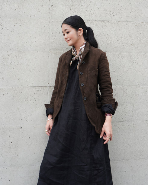 Linen Gather Dress / White・Black