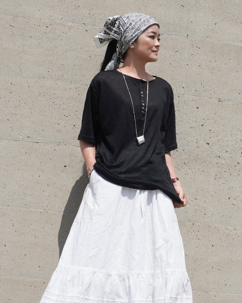 Linen 2way Henley Tee / Khaki・Black