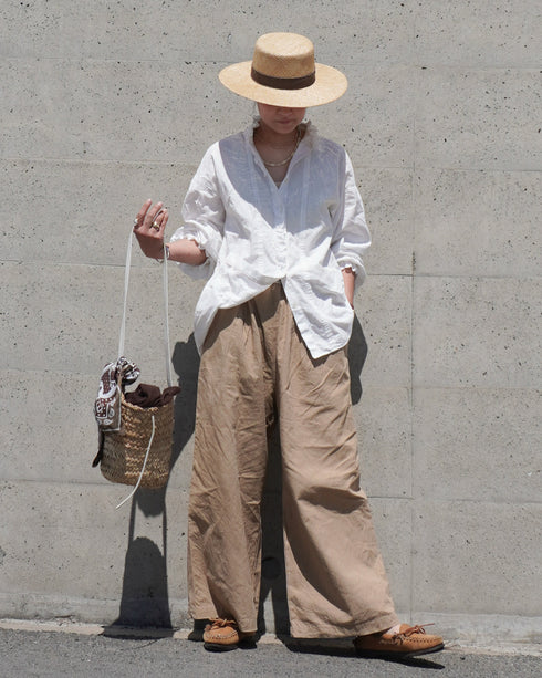 Linen Cotton Tuck Pants / Beige・Navy