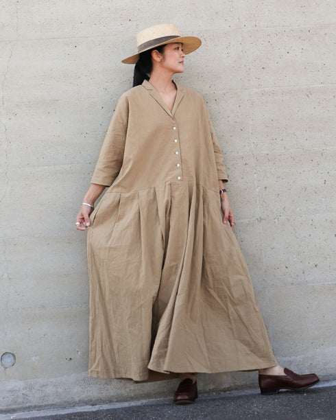 Linen Cotton Open Collar Dress / Beige・Navy