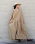 Linen Cotton Open Collar Dress / Beige・Navy