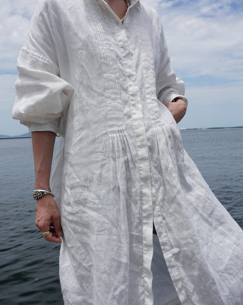 Linen Tuck Shirt Dress / White・Black