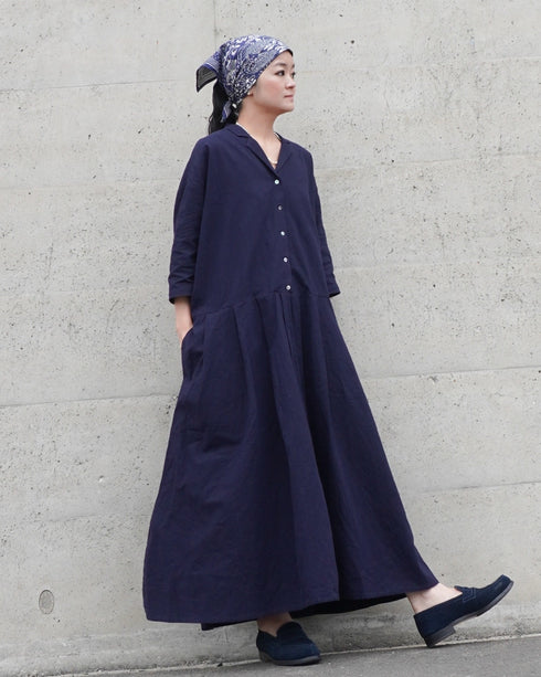 Linen Cotton Open Collar Dress / Beige・Navy