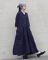 Linen Cotton Open Collar Dress / Beige・Navy