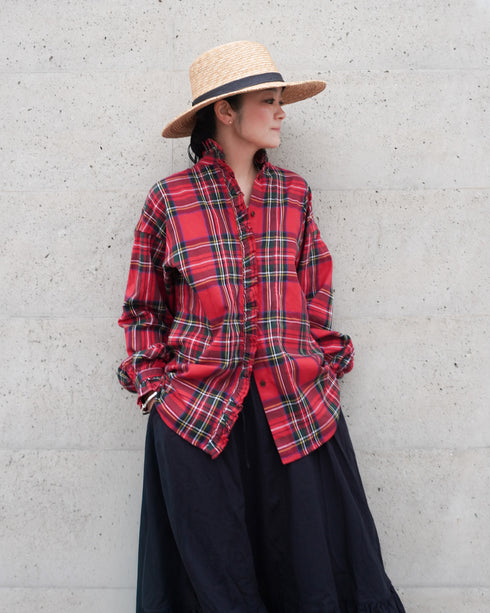 INDIGO Tartan Frill Tuck Blouse / Red・Blue