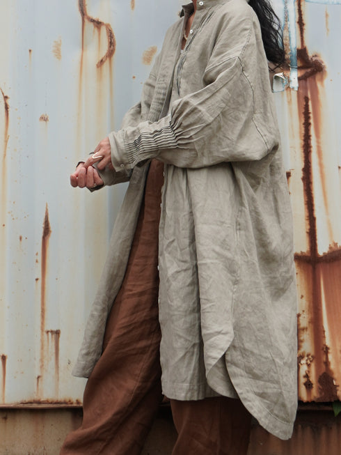 Linen Tuck Shirt Dress / Khakibeige・Frenchblue
