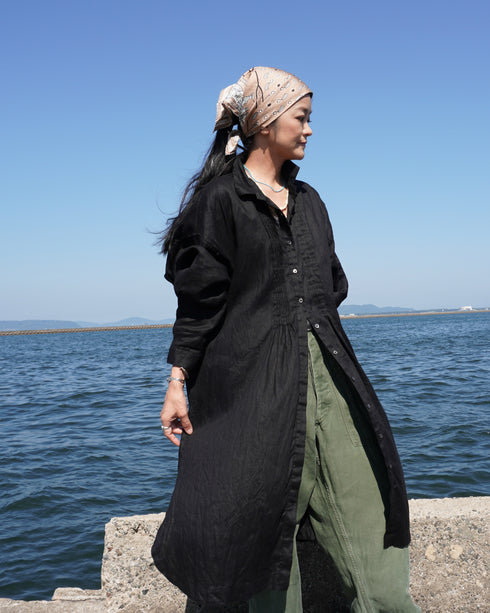 Linen Tuck Shirt Dress / White・Black