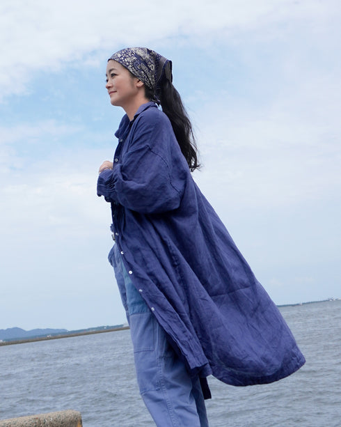 Linen Tuck Shirt Dress / Khakibeige・Frenchblue