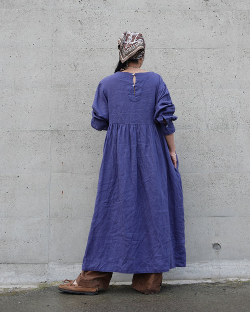 Linen Gather Dress / Khakibeige・Frenchblue