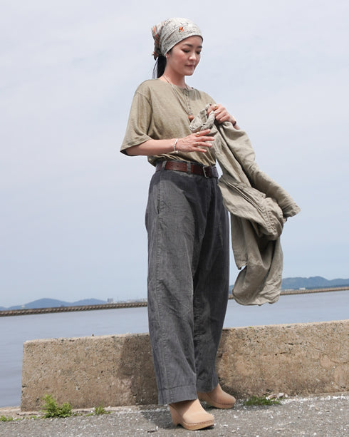 Linen 2way Henley Tee / Khaki・Black