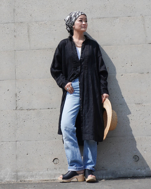 Linen Tuck Shirt Dress / White・Black