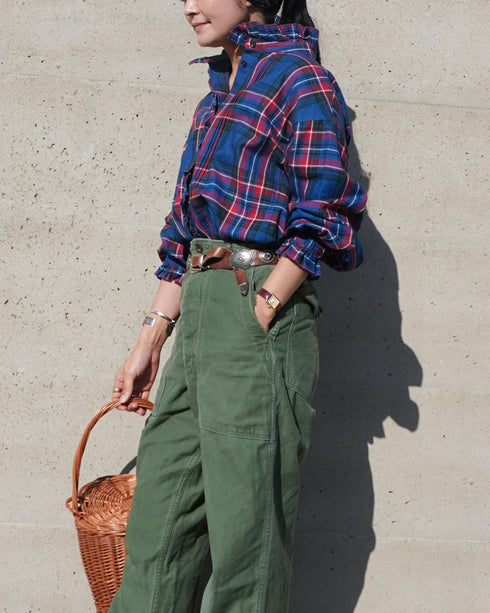 〈予約〉INDIGO Tartan Frill Tuck Blouse / Red・Blue