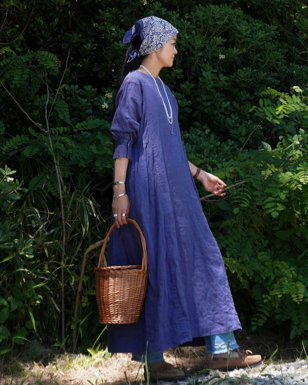 Linen Gather Dress / Khakibeige・Frenchblue