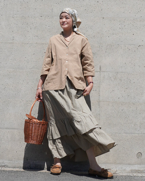 Linen Cotton Open Collar Shirt / Beige・Navy
