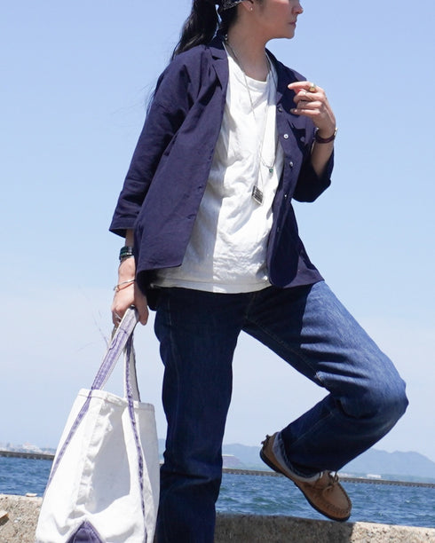 Linen Cotton Open Collar Shirt / Beige・Navy