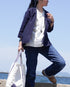 Linen Cotton Open Collar Shirt / Beige・Navy