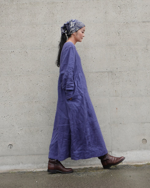 Linen Gather Dress / Khakibeige・Frenchblue