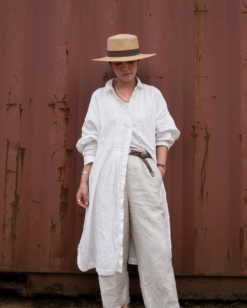 Linen Tuck Shirt Dress / White・Black