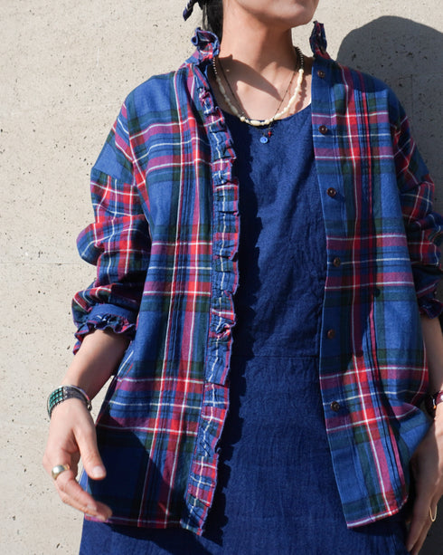 〈予約〉INDIGO Tartan Frill Tuck Blouse / Red・Blue